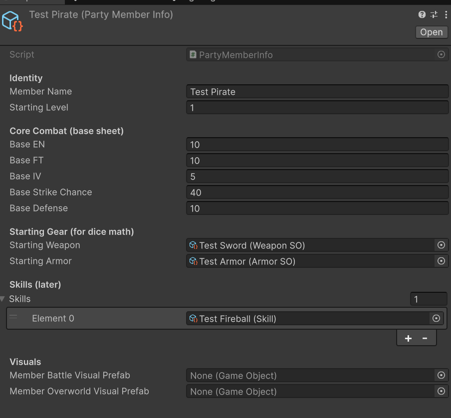 Unity inspector showing PartyMemberInfo ScriptableObject