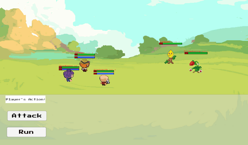Harvest Quest turn-based combat showing player party battling plant enemies in a pastoral setting